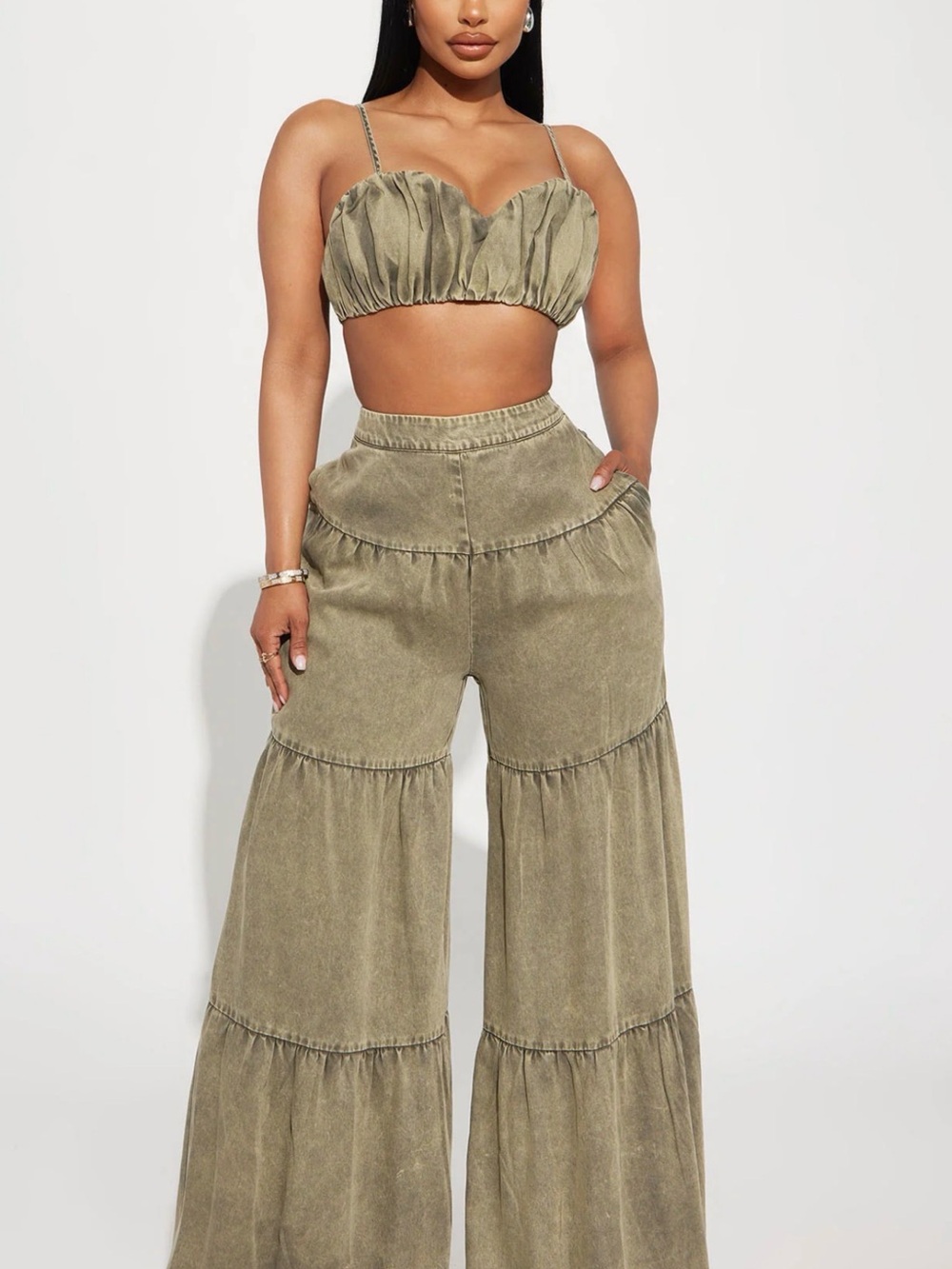 Fashion Nova Olive Tiered Wide-Leg Pants